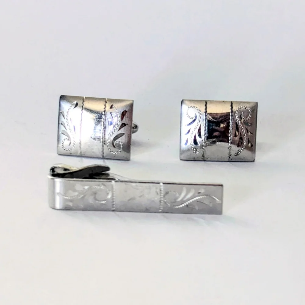 Elegant VINTAGE P&K STERLING SILVER Etched CUFFLINKS & TIE CLIP SET 17.89 Gr.